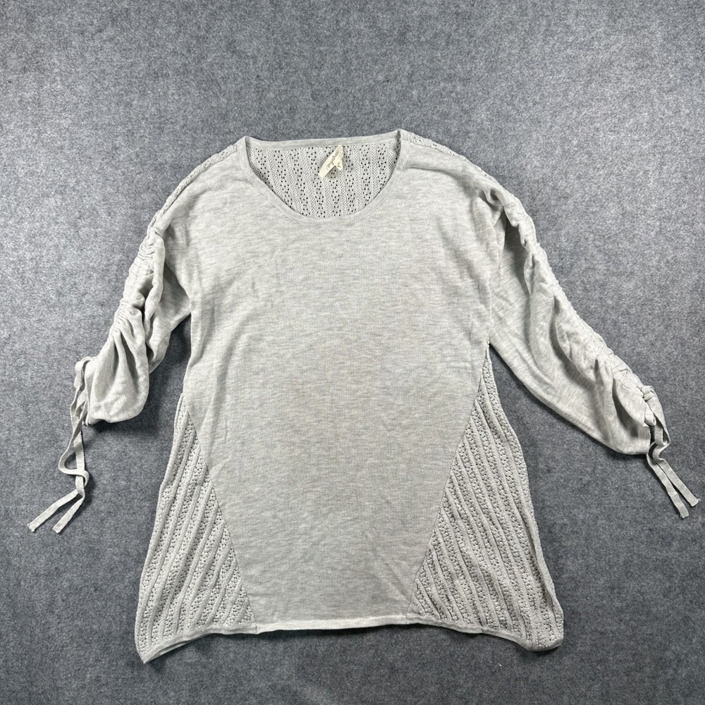Mystree Ruched Sleeve Mixed Knit Top Small Grey Crochet Detail Tie Sleeve
